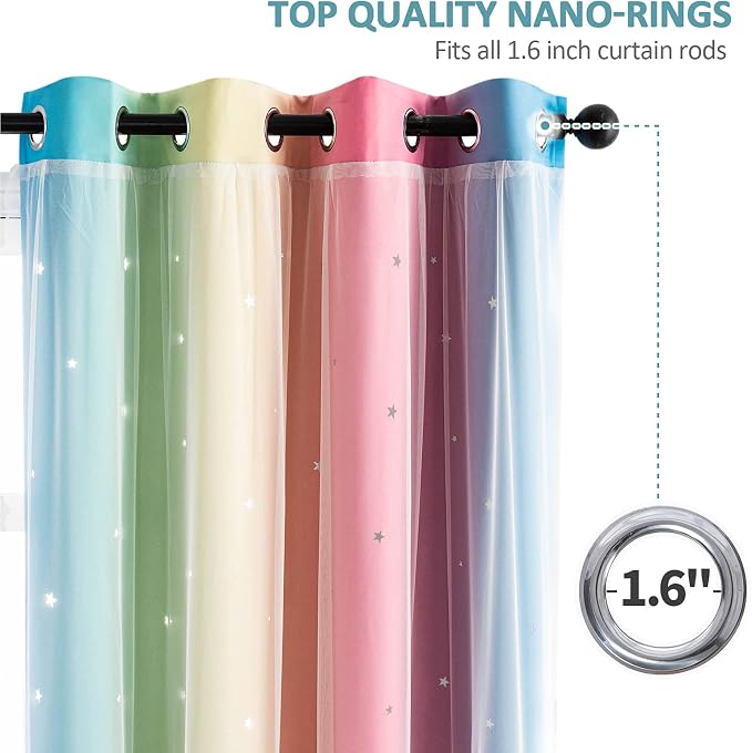 Stiio Girls Star Cutout Curtains 2 Panels, Room Darkening Blackout Curtains with Sheer Princess Yellow Pink Ombre Stripe Window Curtains for Nursery Home Decor, W52 x L95 inches
