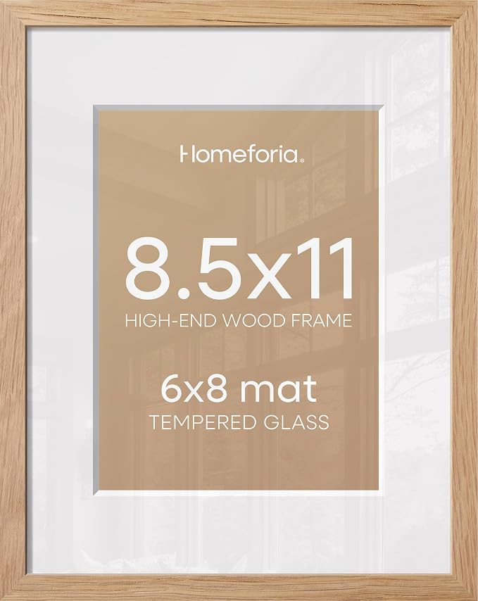 Homeforia 8.5 by 11 Picture Frame Wood, High End Natural Oak 8.5x11 Light Wooden Frames with Mat 6x8 inch Photo, 8.5 x 11 Wall or Tabletop Frame Matted to 6 x 8 Art, Tempered Glass, Wall Kit, Set of 3
