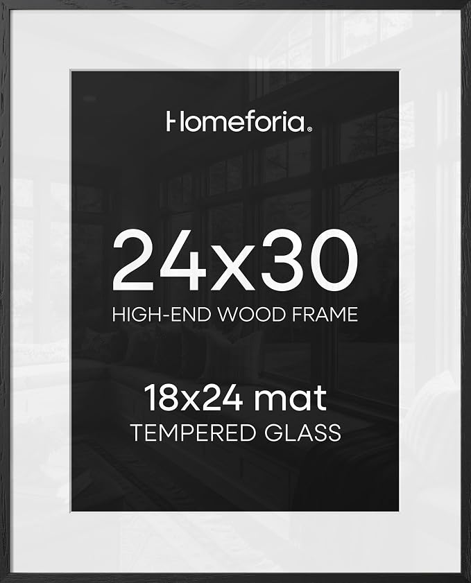 Homeforia Poster Frame 24x30 Black, High End Oak 24x30 Wooden Picture Frames with Mat 18x24 in Photo, 24 x 30 Large Wood Frame Matted to 18 by 24 Print, 30x24 Frame, Tempered Glass, Wall Kit, Set of 1