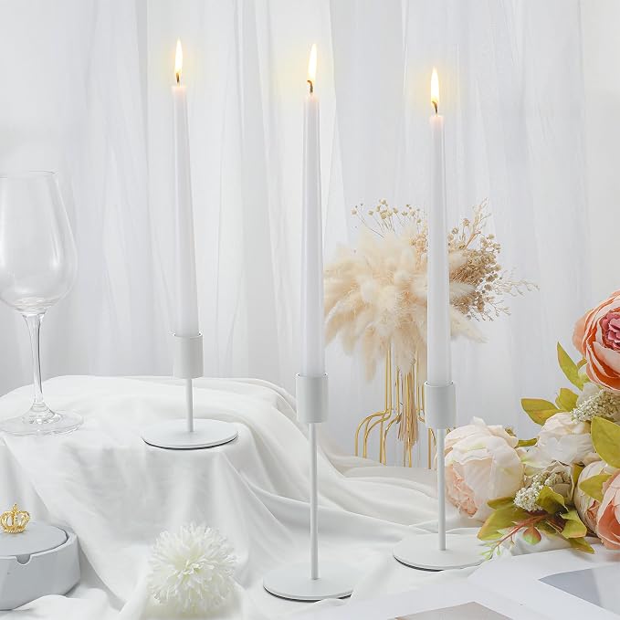 6 Set Candle Holders Bulk with 10'' Dripless Taper Candles 3.3'' 5.5'' 6.3'' Metal Candlestick Holders Vintage Modern Decorative Table Centerpiece for Wedding Birthday Home Decor (White)