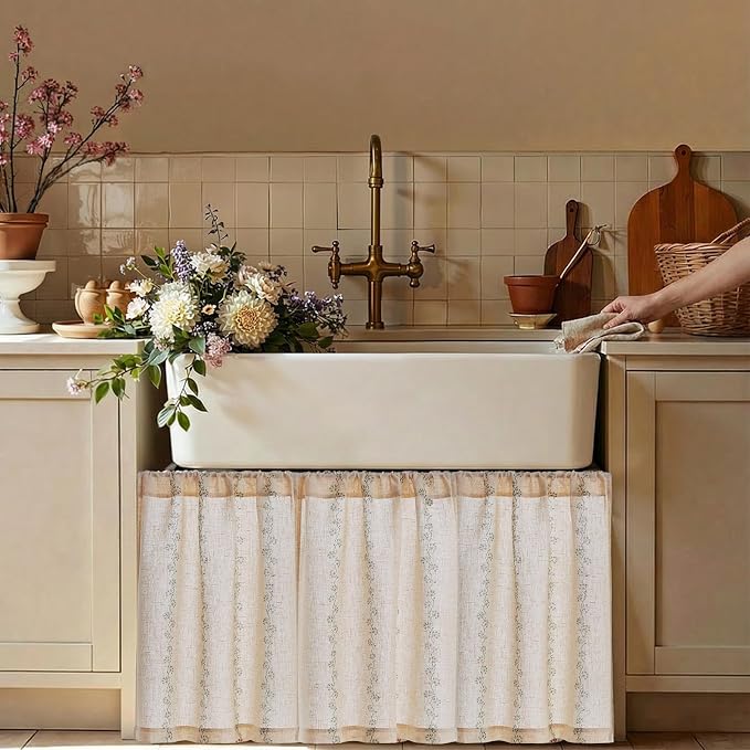 jinchan Katy Linen Floral Kitchen Curtains 36 Inches Length Stripe Cafe Curtains Farmhouse Cottagecore Tier Small Window Drapes for Living Room Light Filtering Rod Pocket 2 Panels Sage Green on Linen