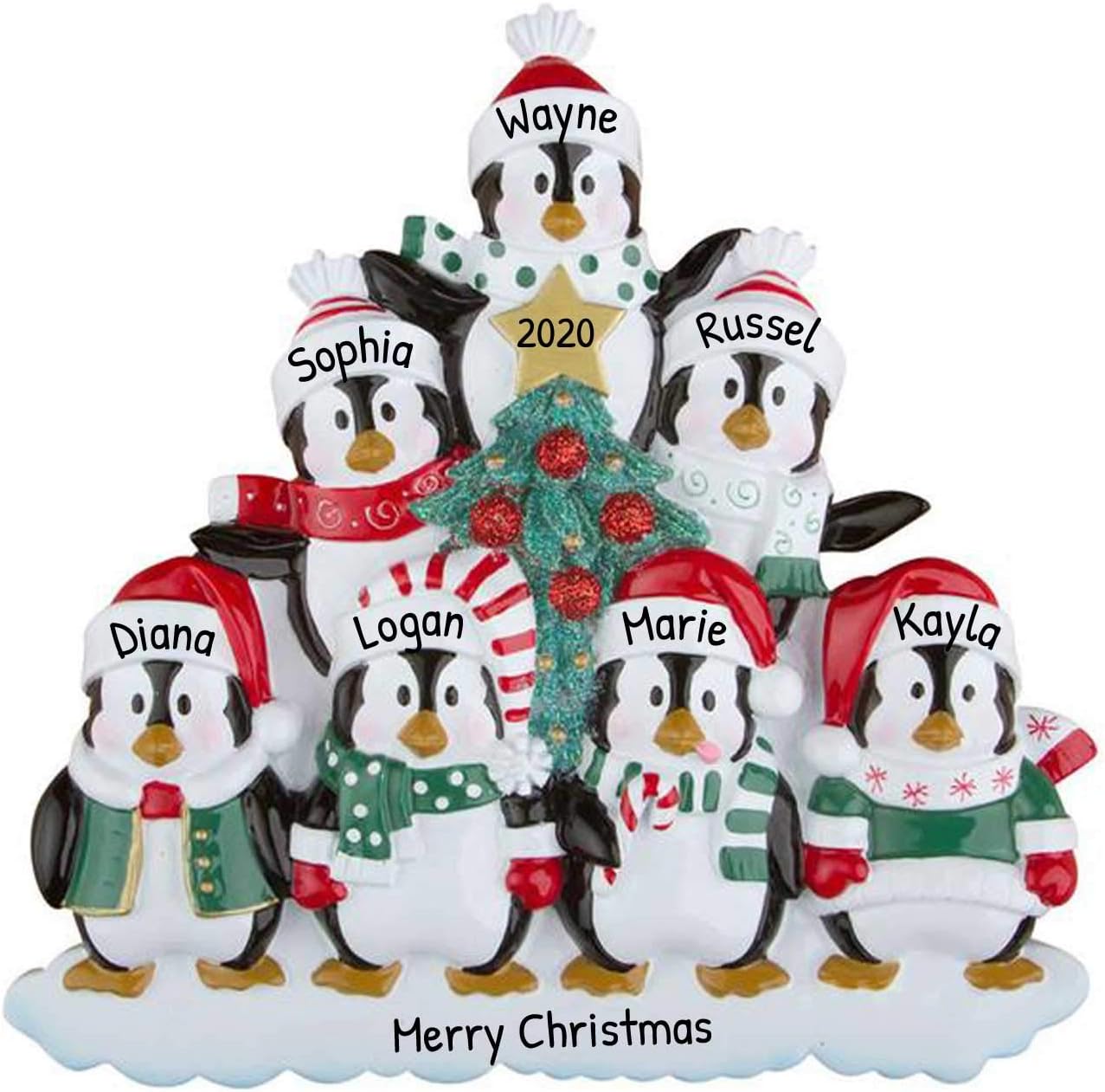 3D Penguin Family of 7 Ornament 2025 Personalized Family Christmas Ornaments 2025 | Snowy Tree Holiday Penguins Personalized Tree Ornaments for Grandchildren Siblings & Grandkids of Seven Ornament
