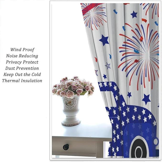4th of July Curtain,American Flag Red Truck Independence Day Drapes for Bedroom Living Room Kitchen Window Treatment 2 Panels Set Total Size 55" W X 63" L Inch