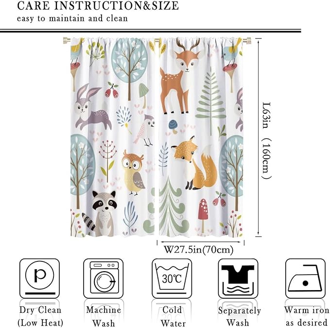 Nursery Safari Animals Curtains, Baby Boy Girl Kids Woodland Jungle Forest Lion Elephant Printed Curtains for Living Room Bedroom Window Drapes 2 Panel Sets55x63 Inch