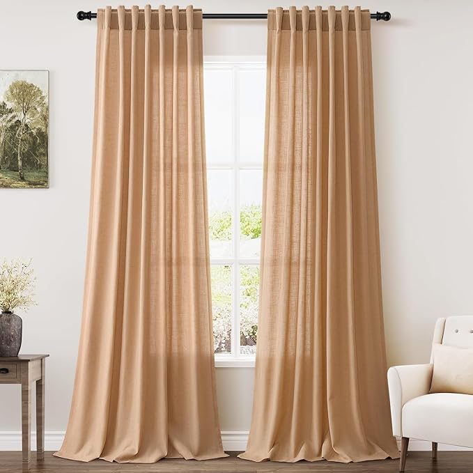 Nanspring Camel Linen Curtains for Living Room 92 Inches Long Back Tab and Rod Pocket Light Filtering Semi Sheer Vintage Rustic Curtain Luxury Boho Decor Drapes for Bedroom Office 52x92, 2 Panels