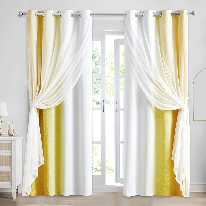 Ombre 100% Blackout Curtains 84 Inches Long 2 Panels for Bedroom Living Room Yellow and White Double Layer Sheer Overlay Mix & Match Grommet Thermal Soundproof Drapes with Tiebacks, 52x84