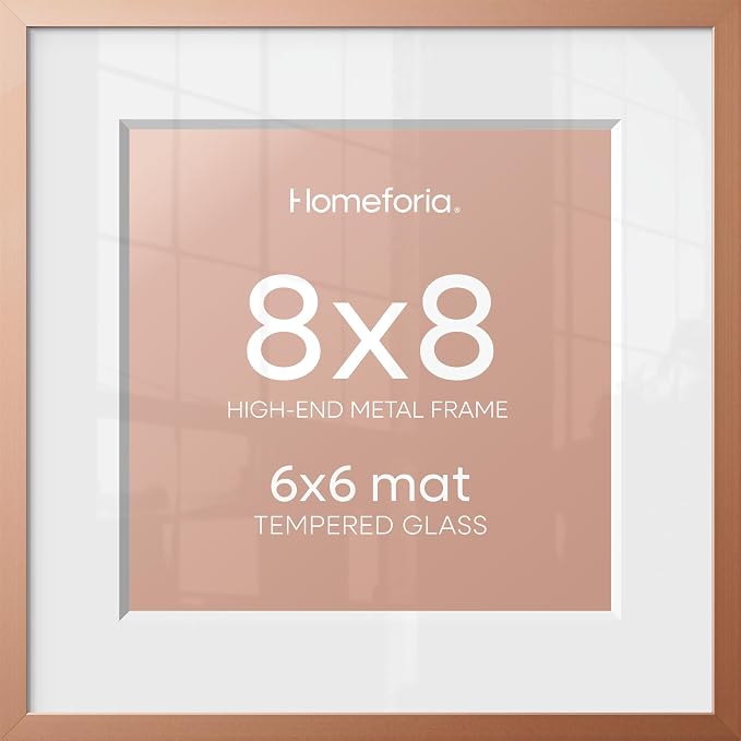 Homeforia Rose Gold Frame 8x8, High End Metal 8 x 8 Square Picture Frames with Mat 6 x 6 Art, 8x8 Photo Frame Matted to 6x6 inch Print, 8by8 Wall or Tabletop Frames, Tempered Glass, Wall Kit, Set of 2