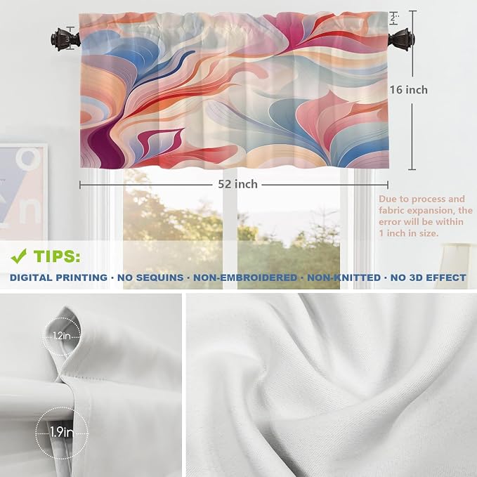 Shrahala Colorful Waves Blackout Short Curtains for Windows, Fluid Abstract Pattern Kitchen Valance Thermal Insulated Rod Pocket Window Treatment for Bathroom 2 Pack 52 X 16 in