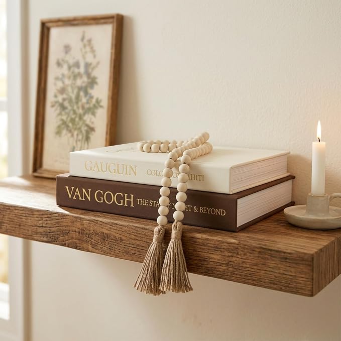 3-Piece Decorative Books for Home Decor with Wood Bead Garland - Stackable Linen Faux Book Box for Coffee Table Styling, Real Fabric Cover Fake Books with Tassel as Display Riser for Shelf