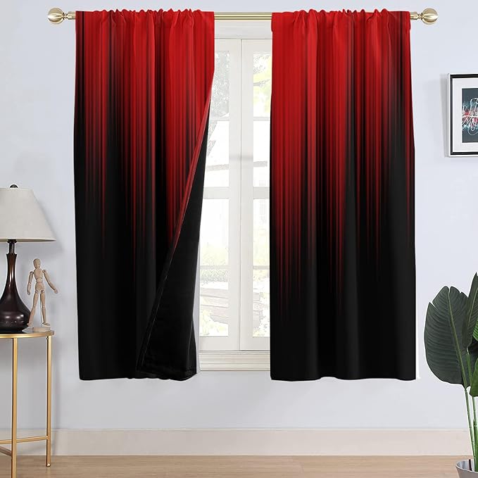 AAtter 100% Blackout Red Black Window Curtains, Rod Pocket 42" W x 63" L | Dark Burgundy Ombre, Thermal Insulated Drapes, Modern Gothic Striped, Abstract Anime Style, 2 Panels Bedroom Decor for Men