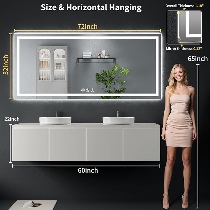 72"x32" LED Bathroom Mirror with Lights, Backlit + Front Lit with CRI>90, Lighted Mirror for Bathroom, Anti-Fog, Dimmable Brightness, 3 Colors, Memory Function, Shatterproof Tempered Glass
