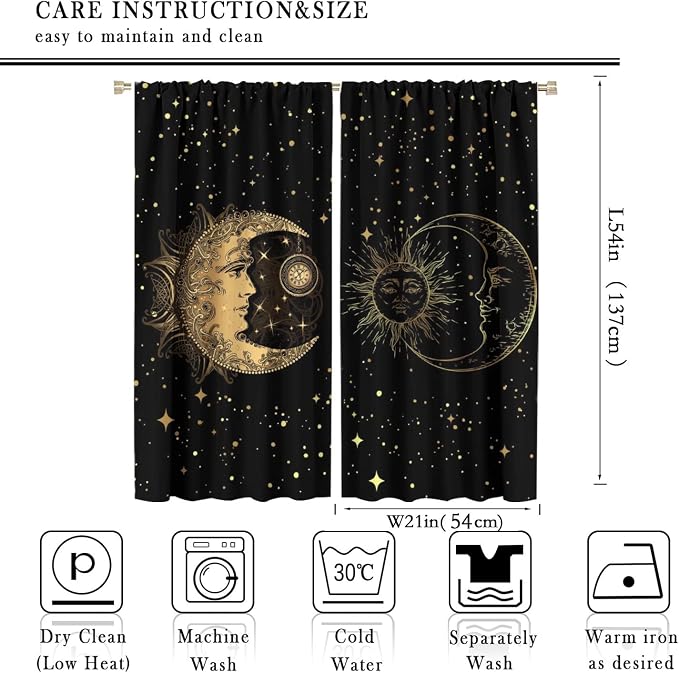 Sun and Moon Blackout Windows Curtains, Golden Planet Star Mysterious Galaxy Curtains Space Curtains, for Living Room Bedroom 42x54in 2 Panels