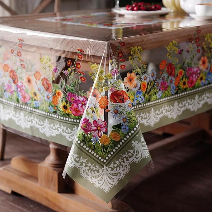 Clear Table Protector Cover Vinyl Rectangle PVC Tablecloth Waterproof Oil Proof Wipeable Plastic Tablecloths for Spring Summer Home Kitchen Dining Table (Lace Floral, 52 x 70 Inches)