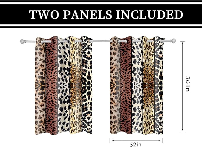 Wild Animal Print Curtain, Room Darkening Thermal Insulated Blackout Leopard Boa Window Drapes with Grommets for Living, Dining, Bedroom, Brown Leopard Print, 52"x 36", 2 Panels
