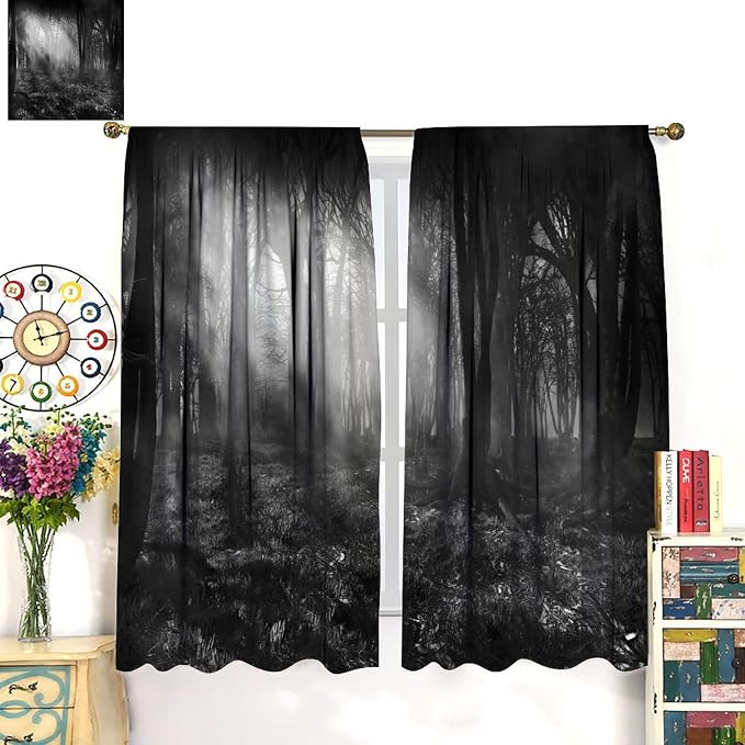 Dark Forest Blackout Curtains,Gothic Nature Misty Forest Trees Landscape Windows Treatments Rod Pocket Drapes for Living Room Bedroom Kitchen 55x63in