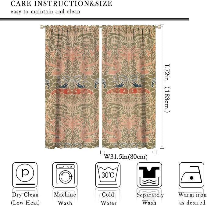 Retro Bohemian William Morris Blackout Window Curtains, Vintage Peacock Abstract Art Pattern Print Window Drapes, for Bedroom Living Room 31.5(W)*72(L) 2 Panels