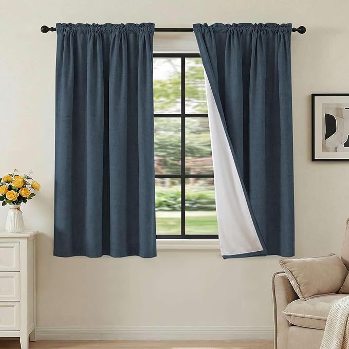 H.VERSAILTEX Linen Look 100% Blackout Curtains 45 Inches Long for Bedroom Full Light Blocking Rod Pocket Linen Textured Thick Window Curtain Drapes with White Backing, Navy, 2 Panels