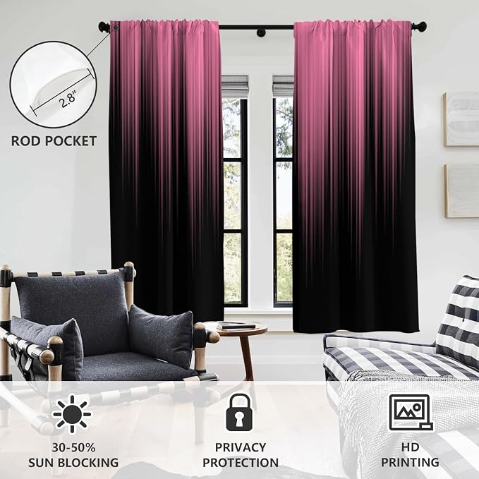 AAtter Pink and Black Window Curtains, 2 Panels, Wide Long 52" W x 84" L | Gothic Modern Rod Pocket Drapes, Cute Preppy Girls Style, Abstract Striped Design, Large Living Dining Room Decor for Women
