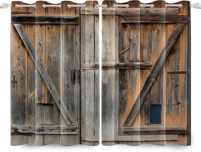 Old Grey Wood Barn Door Window Curtains American Rustic Garage Door Curtains Vintage Wooden Door Window Drapes Wood Planks Rural Style Native Farmhouse Bedroom Treatment,53x72 inch,2 Panels