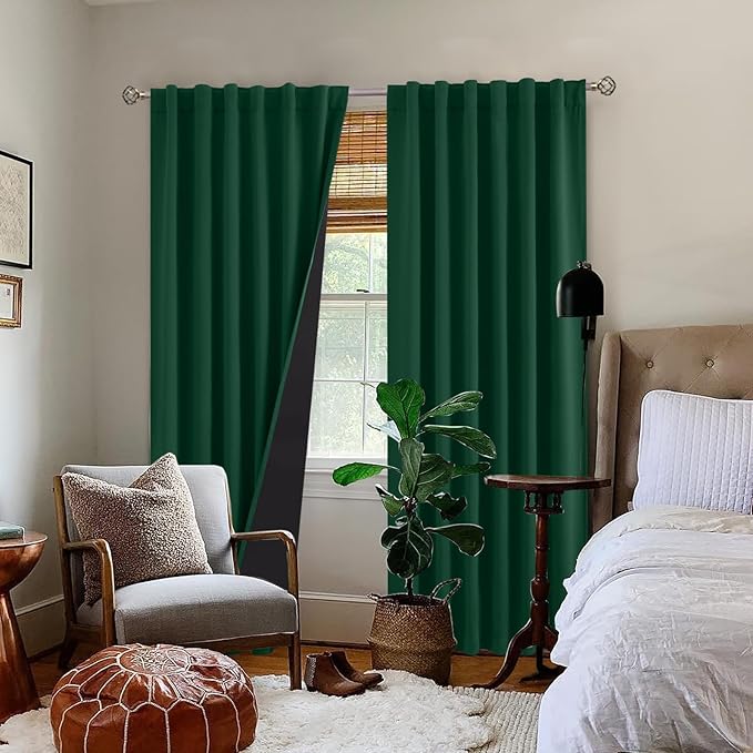 BGment 100% Thermal Insulated Blackout Curtains 90 Inches Long with Liner, Rod Pocket and Back Tab Double Layer Noise Reduce Room Darkening Curtains for Bedroom (52 x 90 Inch, 2 Panels, Emerald)