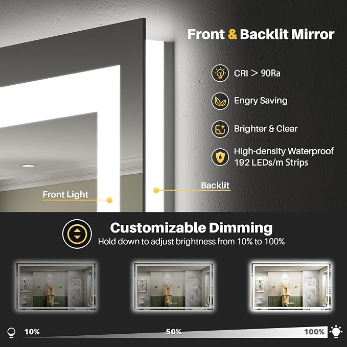 Briivue 66x36 Inch LED Bathroom Mirror with Lights, Backlit & Front Lit, Anti-Fog Lighted Bathroom Vanity Mirror for Wall, Memory Function, Dimmable, HD Tempered Glass, Shatter-Proof