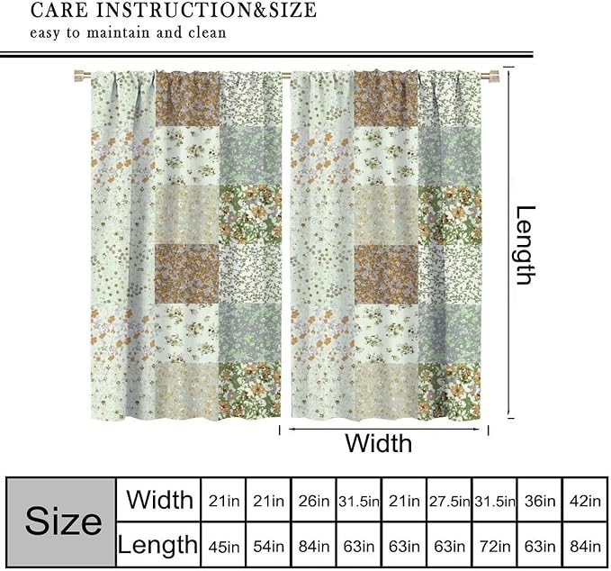 Boho Flower Patchwork Curtains Farmhouse Patchwork Quilted Country Check Print Window Drapes for Bedroom Living Room Kitchen Cafe （W20xL45 Inch） x2 Decor
