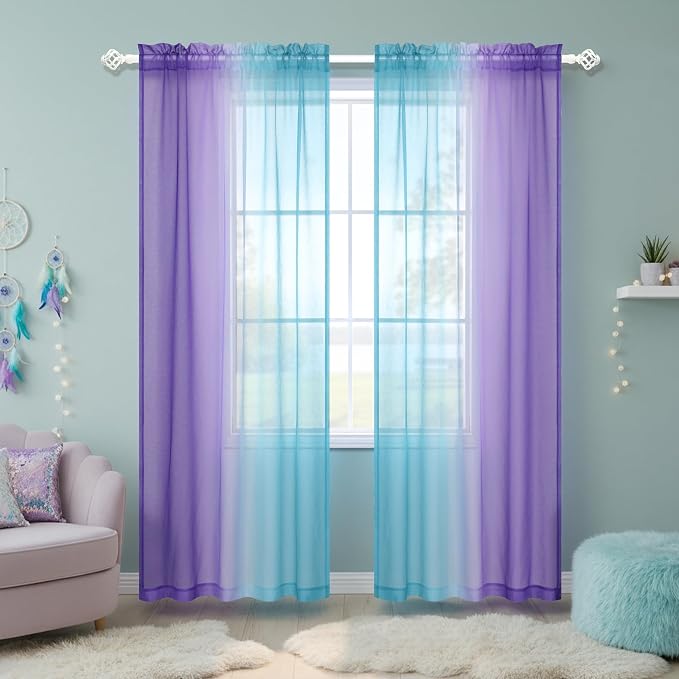 Kids Curtain Rod Pocket for Girls Bedroom Sets Coloful Ombre Aqua Turquoise Teal Lilac Purple Window Sheer Drapes Aesthetic Mermaid Curtains for Teen Room Decor Nursery Living Area 50 x 84 Inch Length