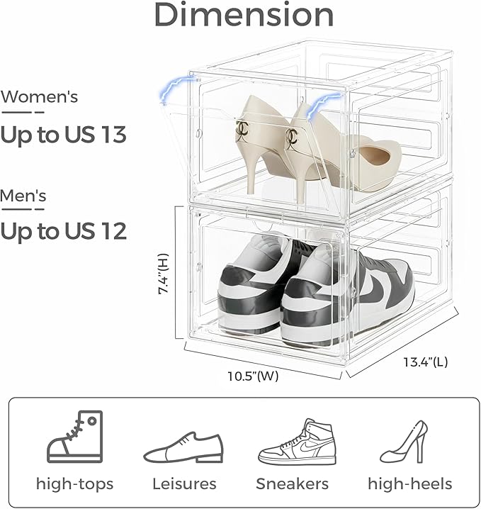 Pinkpum Upgraded Hard Shoe Storage Box 6 Pack X-Large Fit Size 12, Thicken & Sturdy Clear Plastic Stackable Shoe Organizer Box Closet, Sneaker Storage Display Case Holder Bins with Magnetic Door White