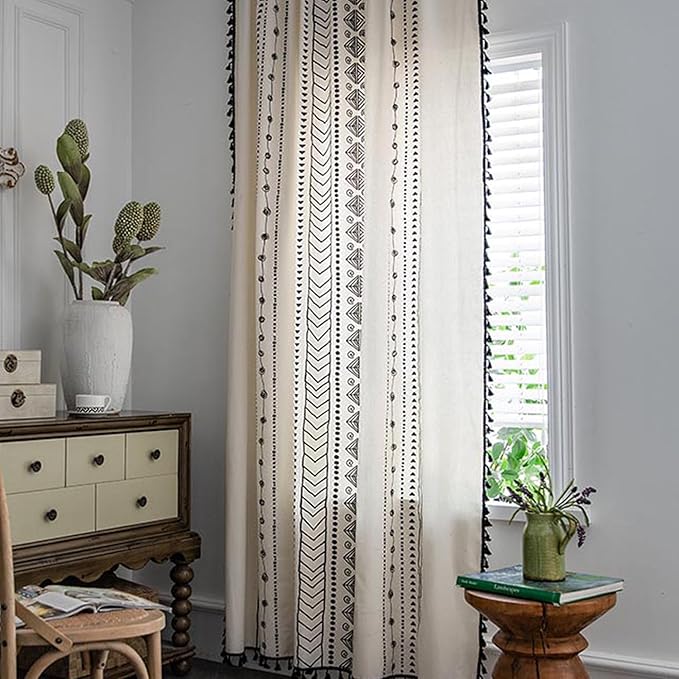 ColorBird Boho Curtains 84 Inches Length Modern Farmhouse Decor Black and White Striped Geometric Aztec Western Window Treatment Cream Curtain & Drapes 2 Panels for Living Bedroom Dining Room