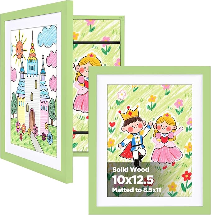 KINLINK 10x12.5 Kids Art Frame 2 Pack, Solid Wood Artwork Frames Changeable, Front Opening Hold 150 Pictures, Art Frames for Kids Artwork, 8.5x11 with Mat 10x12.5 without Mat, Picture Frames Light Green