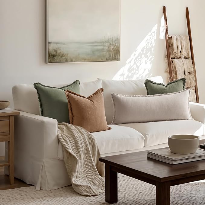 MIULEE Decorative Throw Pillow Covers Neutral Linen Fringe Throw Pillows Set of 1 Natural Beige Boho Farmhouse Cushion Covers for Couch Sofa Bed Living Room Spring Home Decor 14x36 Inch