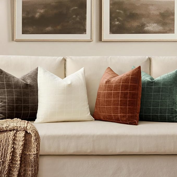 MIULEE Burnt Orange Plaid Decorative Throw Pillow Covers 24x24 Set of 2 | Vintage Check Chenille Couch Pillows Neutral Boho Farmhouse Cushion Covers Modern Home Decor for Sofa Bed Living Room
