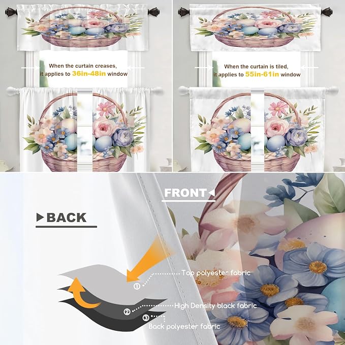 Shrahala Basket Flowers Eggs Blackout Curtain Tiers, A Basket with Floral and Eggs Kitchen Valance Light Blocking Tier Drapes with Rod Pocket, 2 Pack 26 X 36 in