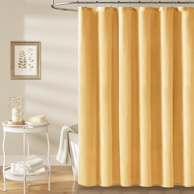 BTTN Gold Fabric Shower Curtain - Linen Textured Weighted Cloth Shower Curtain Set with 12 Plastic Hook, Machine Washable, Modern Hotel Spa Luxury, Decorative Neutral Bath Curtains for Bathroom, 72x72