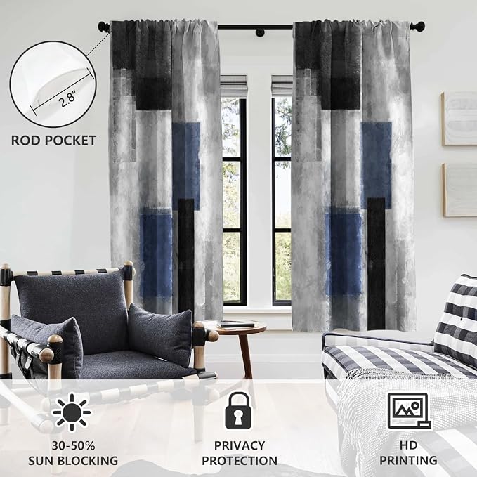 AAtter Blue Black Grey Window Curtain Navy White Gray Abstract Geometric Art Aesthetic Minimalist Boys Mens Long Wide Living Room Bedroom Drapes Treatment Fabric 1 Pair, 52" W x 84" L, Modern