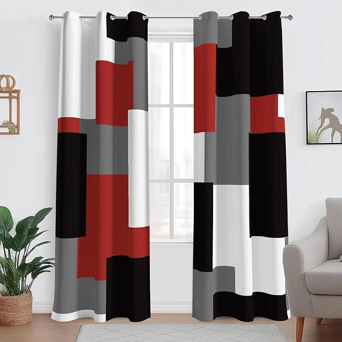 Tyrot Red Black 100% Blackout Curtains for Bedroom 96 inch Length 2 Panels Set White Grey Modern Abstract Geometric Black Out Curtains Insulated Room Darkening Window Drapes for Living Room, 42Wx96L