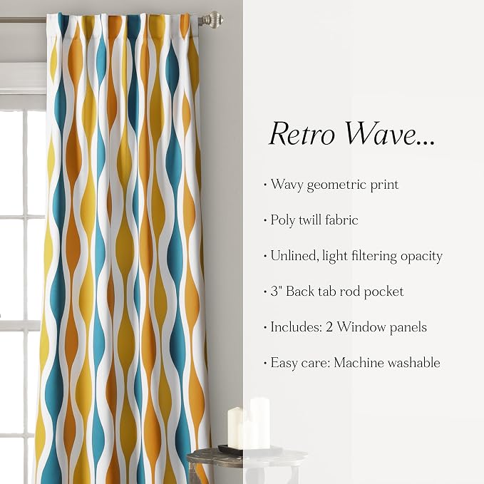 Lush Decor Mid Century Geo Room Darkening Window Curtain Panels Pair 52" W x 63" L Turquoise & Orange - Retro Curtains for Living Room - Vintage Drapes