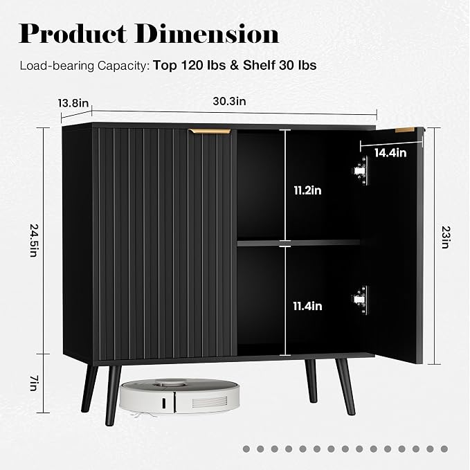Fluted Storage Cabinet, Buffet Cabinet with Storage, Wood Sideboard with Adjustable Shelf, Modern Accent Cabinet & Console Table for Entryway, Living Room, Dining Room, Black