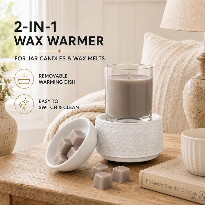 Mocosa Ceramic Candle Wax Melt Warmer for Scented 3-1 Electric Candle Warmer Home Fragrance Burner Perfect Gifts for Mom Women(White-Granular)
