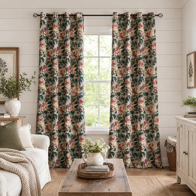 ALIGOGO Taupe Linen Curtains for Dinding Room - Victorian Semi-Blackout Floral Curtains 108 Inches Long, Grommet Privacy Light Filtering Decorative Art Nouveau Decor, 50W x 108L Inch, 2 Panels