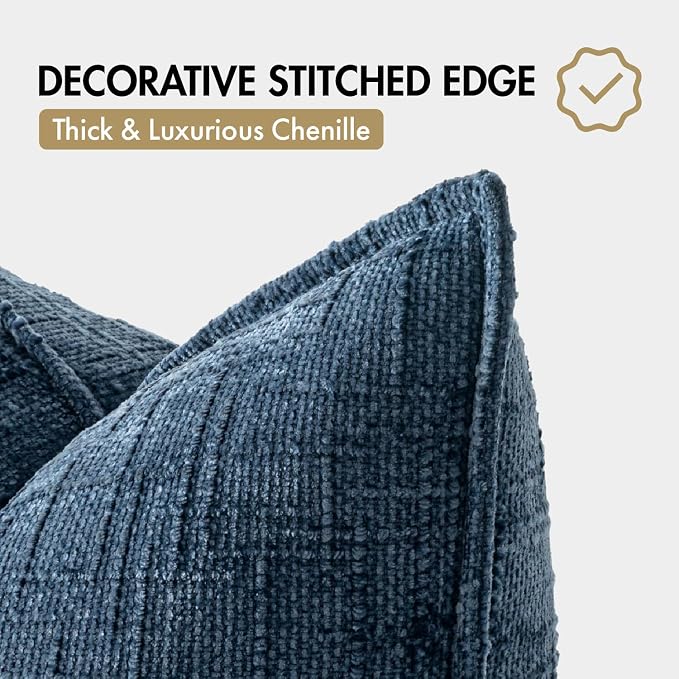 MIULEE Slubby Textured Decorative Throw Pillow Covers 22x22 Inch Set of 2 Boho Farmhouse Soft Cozy Chenille Pillows Cushion Cases Modern Coastal Home Decor for Couch Sofa Bed Living Room, Navy Blue