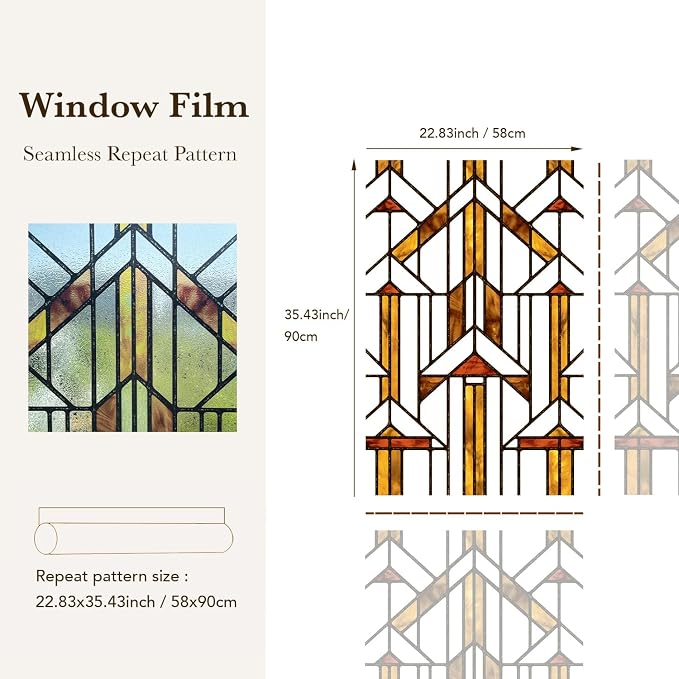 Faux Stained Glass Window Film, Decorative Window Privacy Film for Glass Decor, Static Cling Inspired by Frank Lloyd Wright, 22.83" x35.43" Hollyhock House, Boho