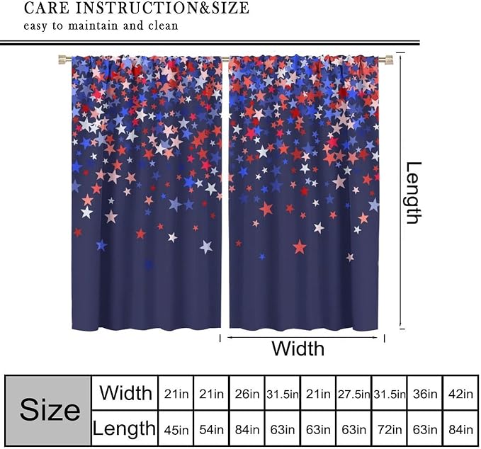 4th of July Curtain,American Flag Blue Red Star Independence Day Drapes for Bedroom Living Room Kitchen Window Treatment 2 Panels Set Total Size 72" W X 63" L Inch