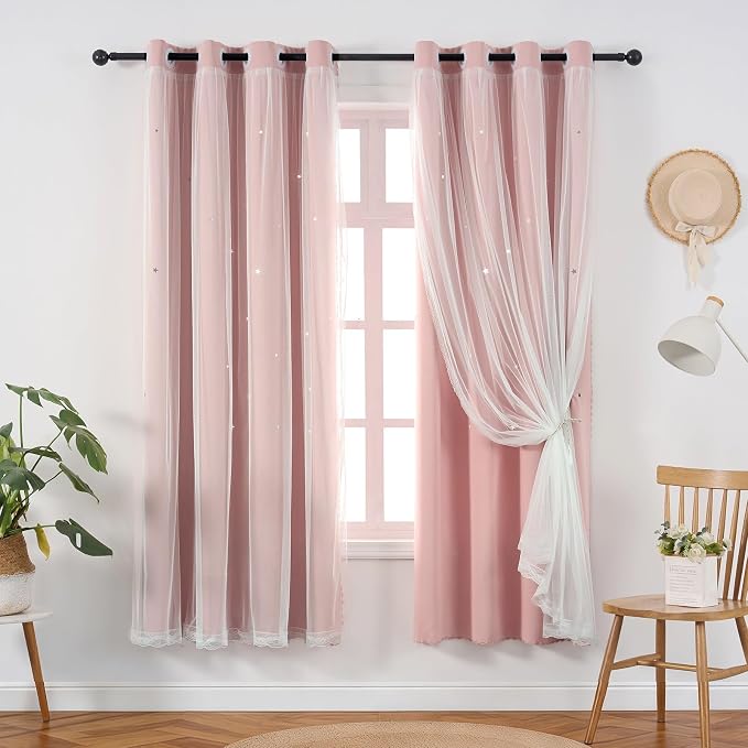 Light Pink Blackout Curtain for Girls Room 72 Inches Long Cute Star Cutout | Nursery Double Layer Curtains & Drapes Tulle Lace Sheer Single Panel Thermal Insulate Bedroom Window Treatments Cortina Blush