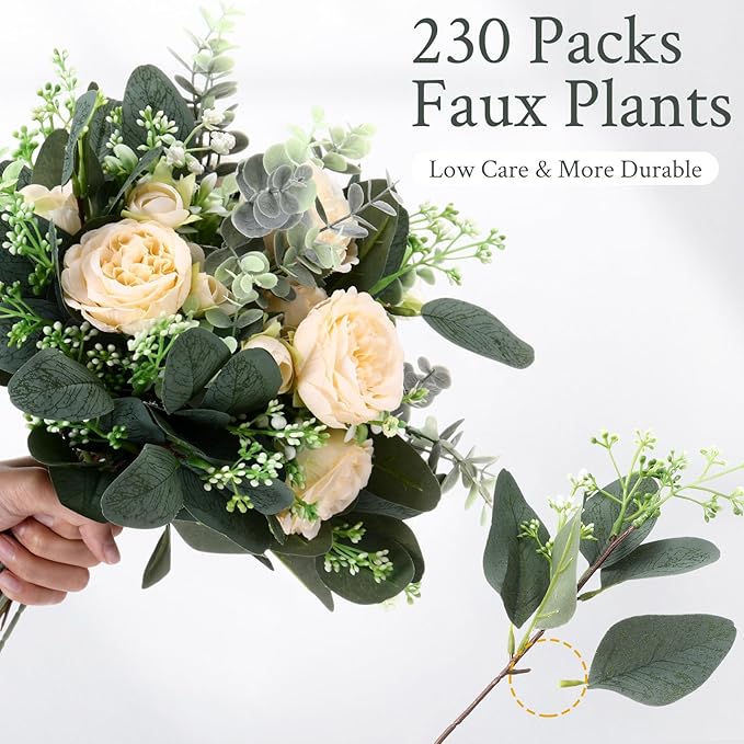 Janinka Mixed Eucalyptus Leaves Stems Bulk with White Seeds Artificial Silver Dollar Leaves Sprays Faux Oval for Wreath Garland Floral Bouquets Arrangement Wedding Greenery Decoration(230)