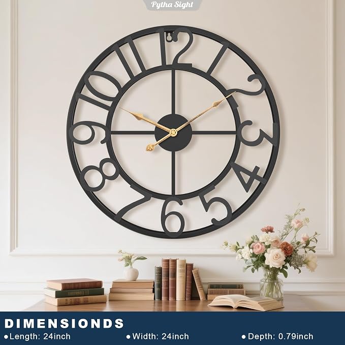 Pytha Sight 24 Inch Large Oversized Farmhouse Modern Decorative Wall Clock for Living Room,Silent Industrial Big Arabic Numerals Vintage Metal Round Wall Clocks for Kitchen,Dining Room,Office