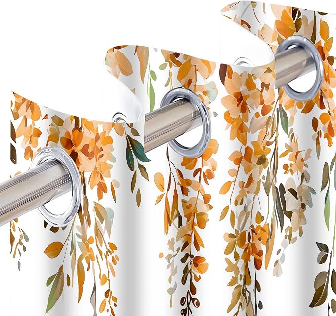 Orange Watercolor Floral Blackout Curtains 42x84 Inch 2 Panels | Botanical Leaves Vine Flowers, Rustic Farmhouse, Blackout Window Treatment, For Bedroom Living Room