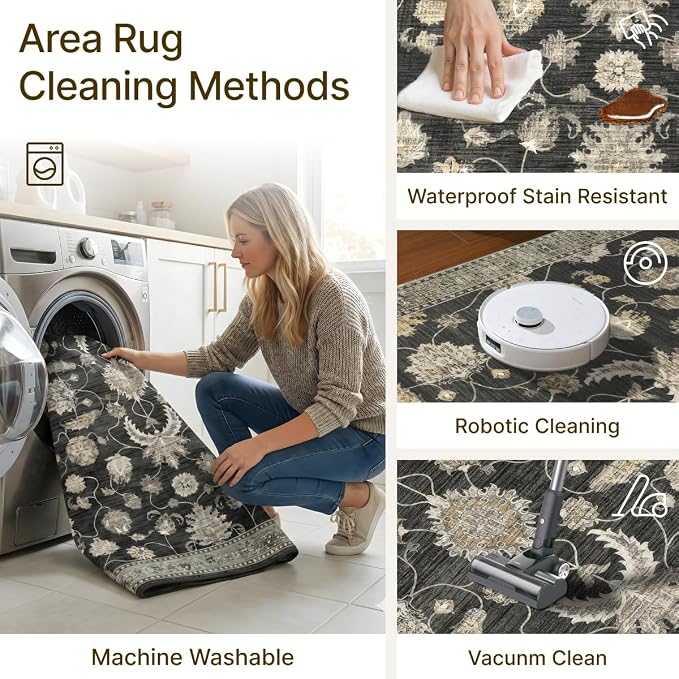 9x12 Area Rug for Living Room-Vintage Farmhouse Boho Floral Washable Stain Resistant Indoor Carpet for Bedroom Office and Home Decor(Black&Gold)