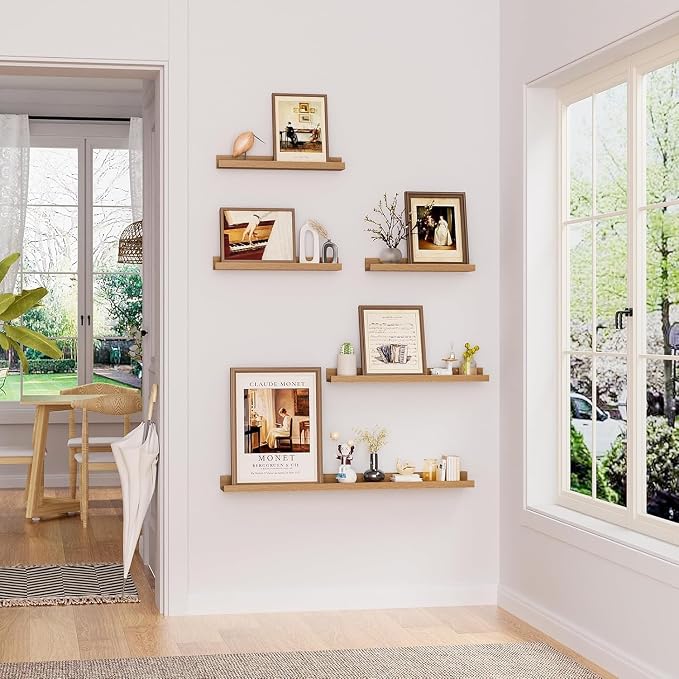 Heimlove 20 inch Picture Ledge Shelf Set of 8,Long Floating Shelves for Wall,Oak Picture Shelf with Lip for Wall Decor,Living Room Bedroom Bookshelf Photo Frames Nursery Book Shelves for Storage