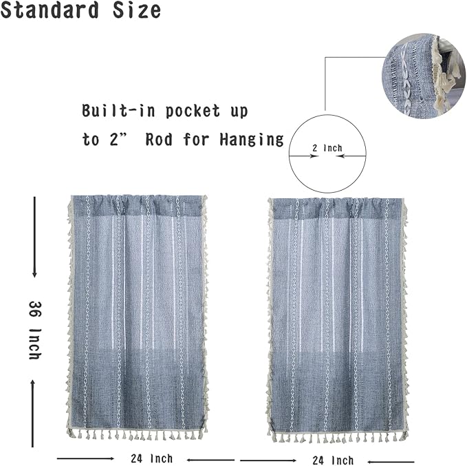 RoomTalks Boho Kitchen Curtains 36 Inch Length French Striped Farmhouse Vintage Chic Cottage Tassel Short Cafe Curtains for Small Window Kitchen Bathroom Bohemian Decor (36’’L x 24’’W, Blue)